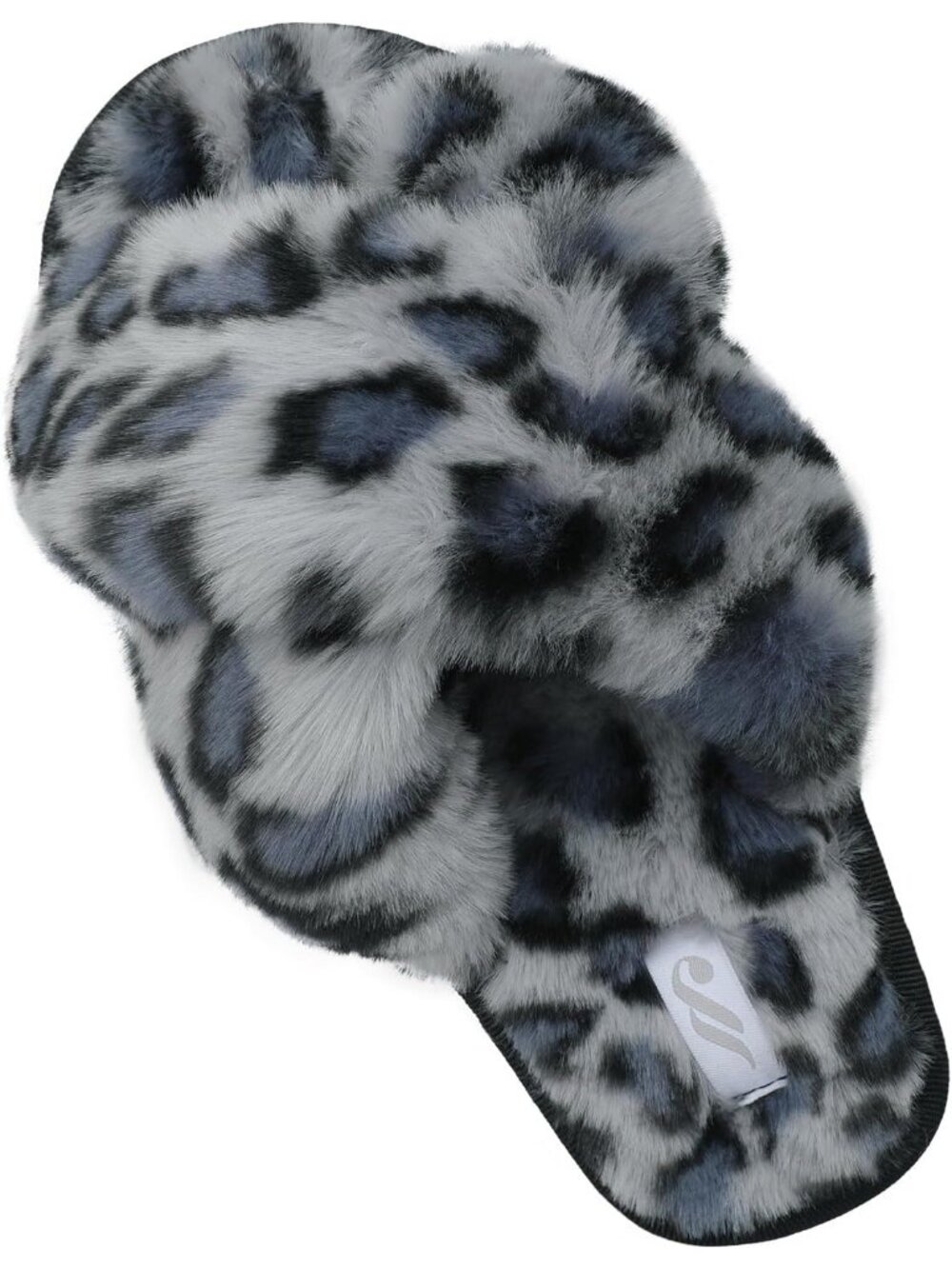 Women's Blue Leopard Fuzzy Fluffy Cozy Criss Cross Furry Open Toe Slipper Shoes